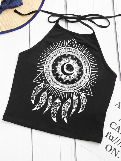 Top de cuello halter con estampado de tatuaje - negro