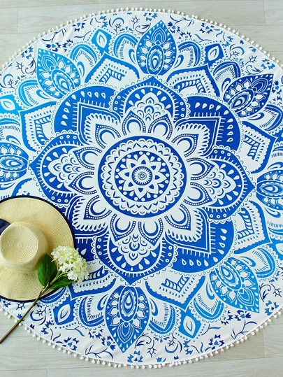 Blue Lotus Stampa Pompon Trim rotonda Beach Blanket