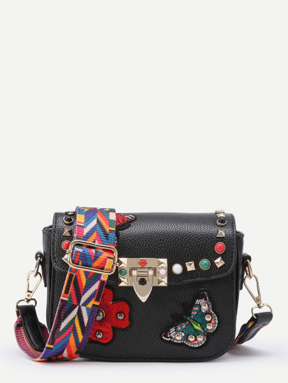 Studded And Butterfly Embroidery Shoulder Bag