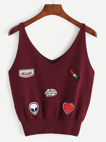 Embroidered Patch Detail Double V Neck Knit Tank Top