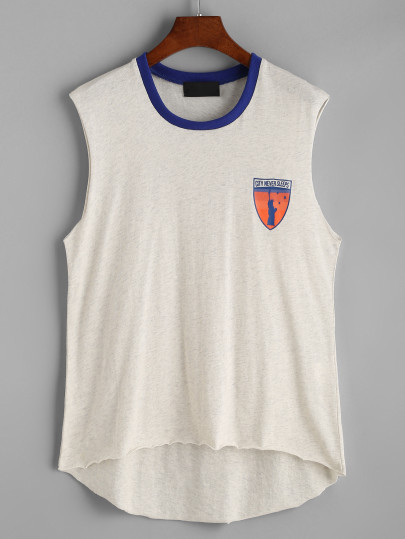 Heather Knit Contrast Neck Print High Low Tank Top