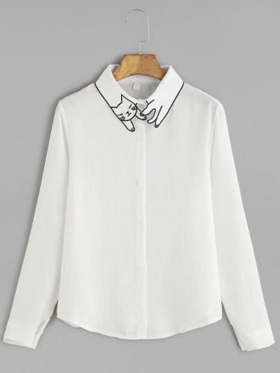 Chemise brodé chat sur cillier avec bouton -blanc