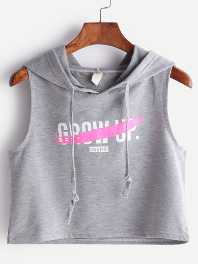 Top corto de capucha con estampado de letra - gris