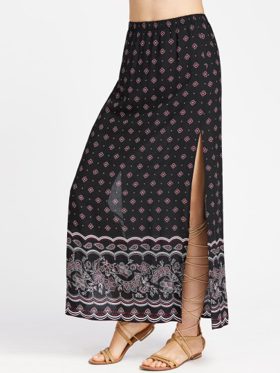 Ornate Print High Slit Side Longline Skirt