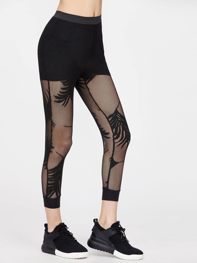 Leggings cortos de malla tropical - negro
