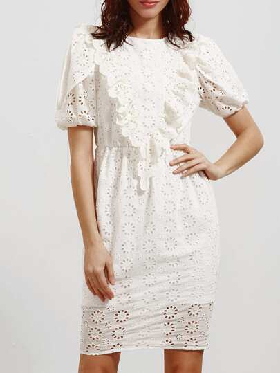 Weiße Rüsche Trim Puff Ärmel Eyelet Besticktes Kleid