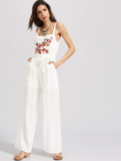 Singe avec broderie de fleurs avec ceinture - Blanc