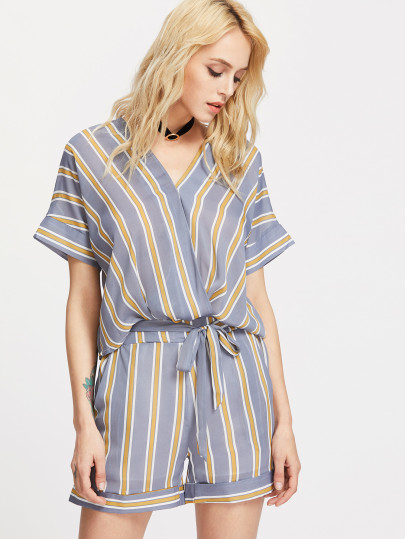 Striped Surplice Tie Bow Top With Cuffed Shorts