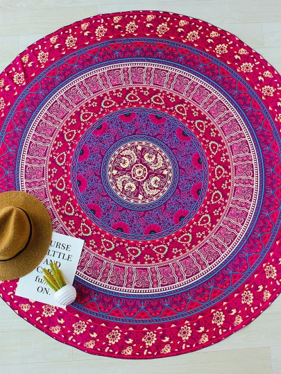 Fiore Rosso Stampa Boho rotonda di stile Beach Blanket