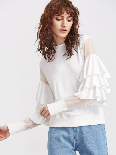 Layered Ruffle Trim Mesh Sleeve Sweatshirt