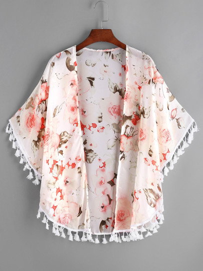 Kimono mousseline imprimé avec des franges