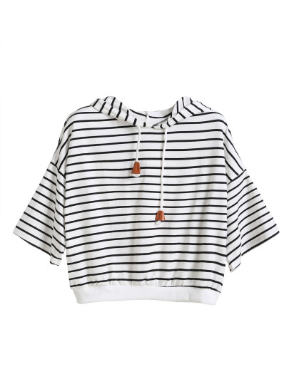 Camiseta con capucha de rayas hombro drapeado cordón - blanco