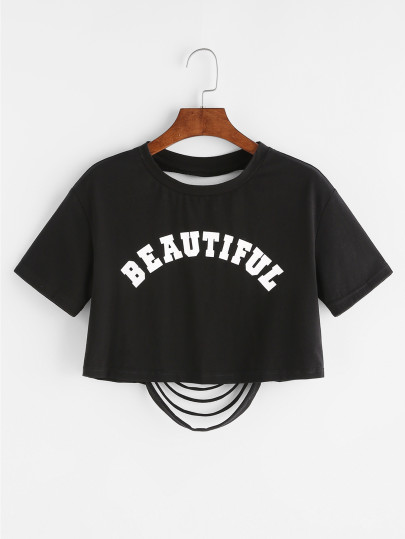 Camiseta corta con estampado de letras espalda desgastada - negro