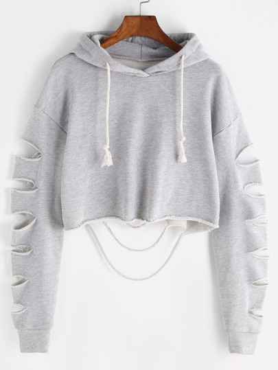 Drop Shoulder Ladder Cutout Sleeve Crop Hoodie