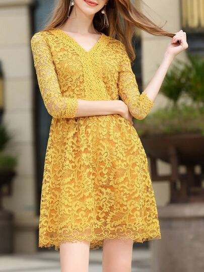 A-Linie Kleid mit V-Ausschnitt und Lesbie -gelb