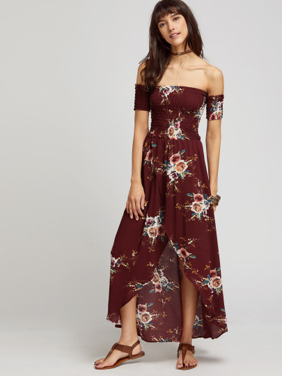 Burgundy Florals Off The Shoulder Shirred Wrap Dress