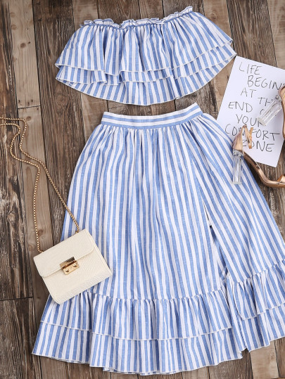 Striped Flyaway Bandeau Top And Ruffle Skort Set