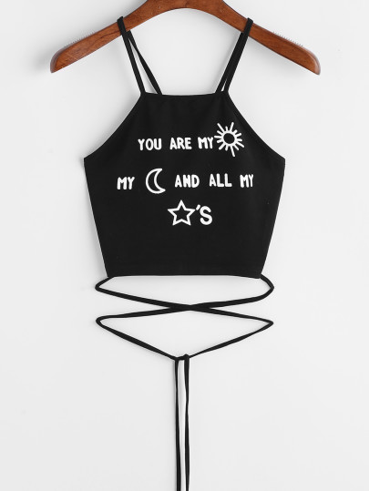 Top con estampado de letra con cordones - negro