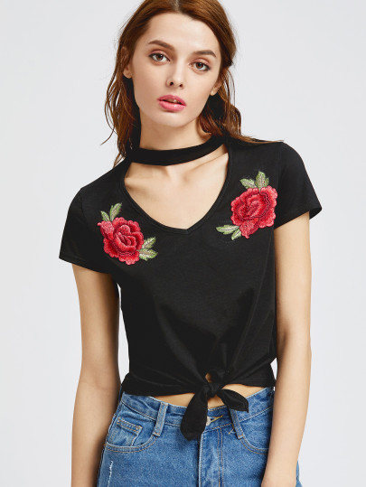 Cutout Choker Neck Rose Patch Knot T-shirt