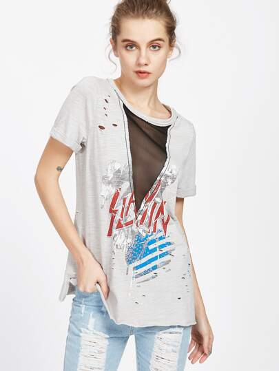 Camiseta con estampado de malla en V rota - gris