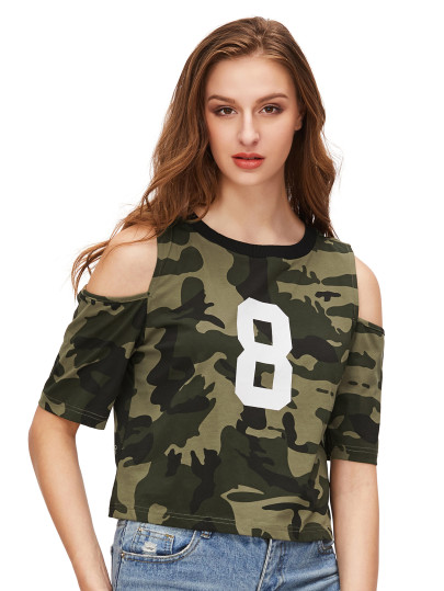 T-shirt imprimé camoflage à l'épaule ouverture -vert olive