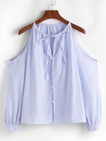 Vertical Pinstripe Cold Shoulder Tie Neck Top
