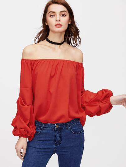Off Shoulder Ruched Lantern Sleeve Top