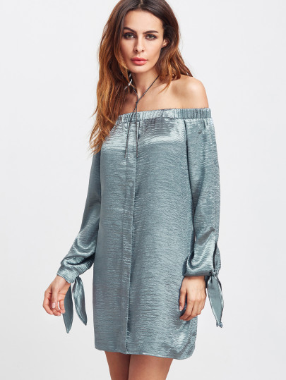 Tie Sleeve Button Up Silky Bardot Dress