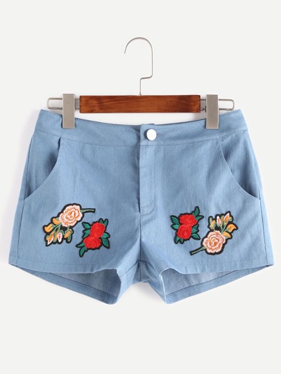 Shorts con parche de flor en denim - azul