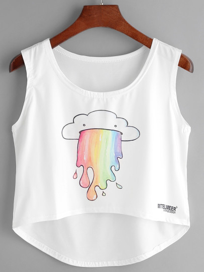 White Cartoon Print High Low Tank Top