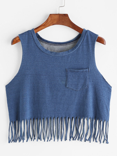 Denim Look Pocket Front Fringe Tank Top