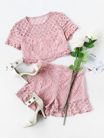 Lace Crop Top And Frill Hem Shorts Set