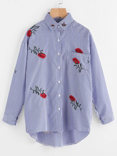 Vertical Striped Embroidery Pocket Blouse