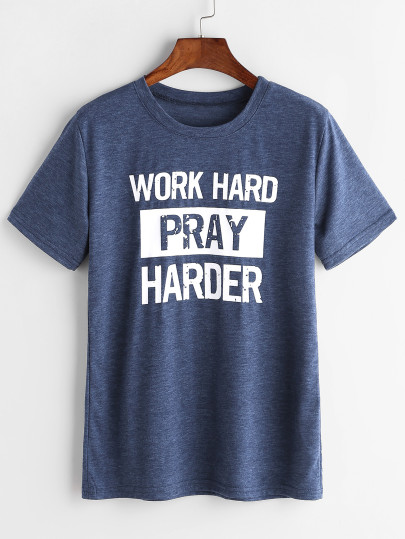 Heather Blue Slogan Print T-shirt
