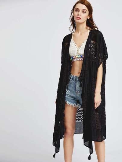 Tasseled Trim Crochet Insert Kimono