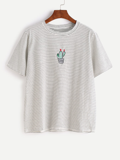 Camiseta de rayas con bordado - blanco