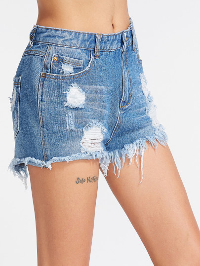 Bleach Wash Frayed Hem Denim Shorts