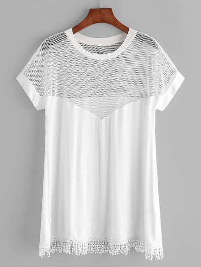 Camiseta con hombros de malla ribete con flecos - blanco