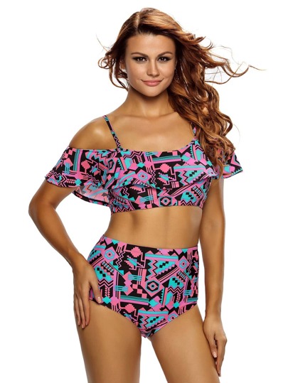 Set bikini con estampado con detalle de volantes de cintura alta