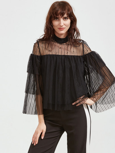 Top con abalorios con hombro transparente de malla - negro
