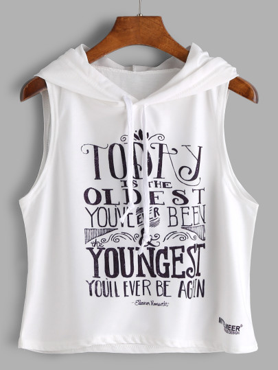 White Slogan Print Sleeveless Hooded Top