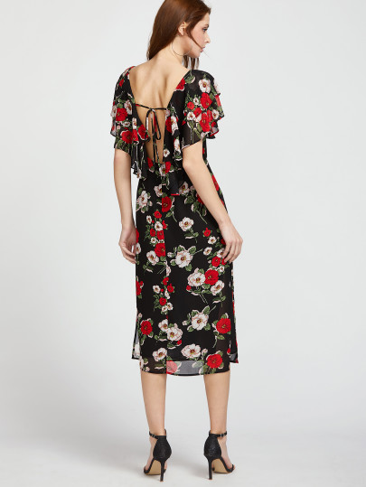 Flower Print Cape Collar Tied V Back Dress
