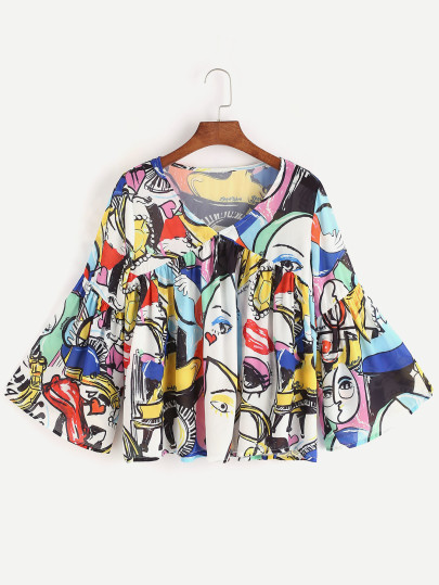Blouse manches cloche col en V imprimé de la girafe versicolore