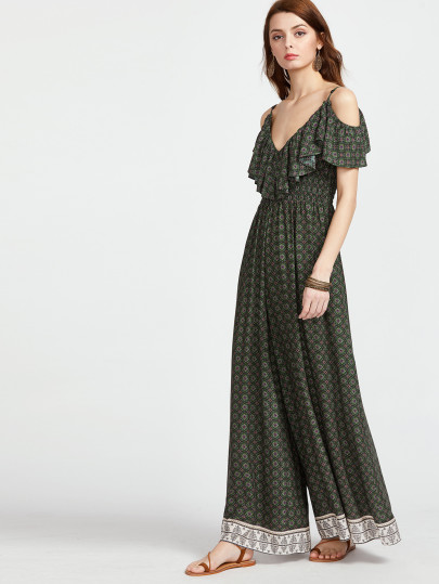 Ornate Print Cold Shoulder Frilled Culotte Jumpsuit