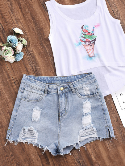 Bleach Wash Distressed Frayed Hem Denim Shorts