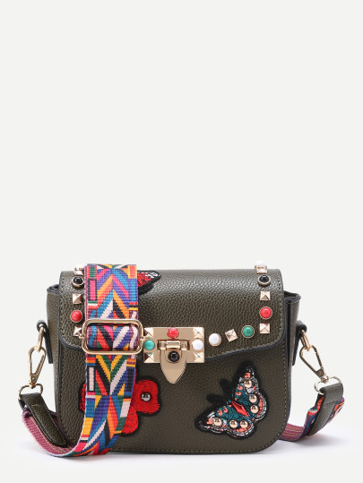 Studded And Butterfly Embroidery Shoulder Bag