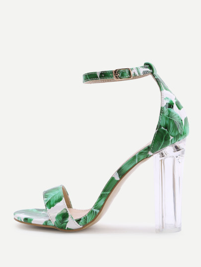 Green Leaf Print Two Part Heeled Sandals