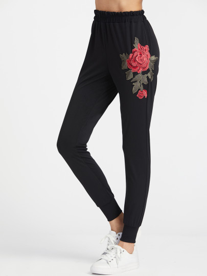 Pantalones con aplicación de bordado - negro