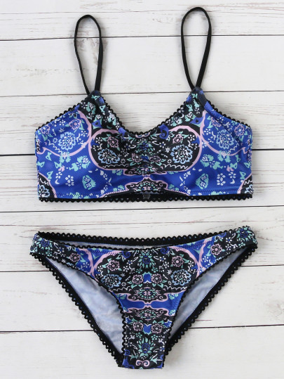 Ditsy Printed Scalloped Trim Bikini Set