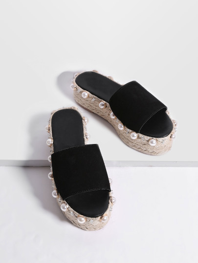 Chanclas con planaforma con perla de imitación - negro